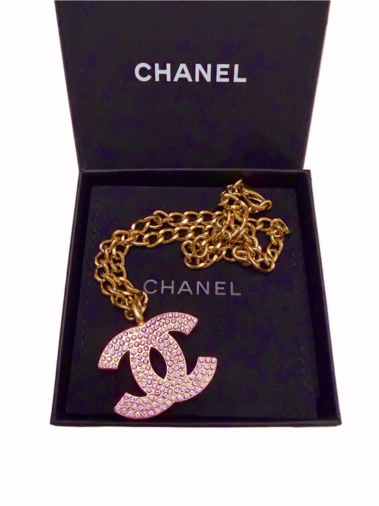 CHANEL Jewelry - Jumbo Chanel Pink Crystal CC Logo Gold Necklace